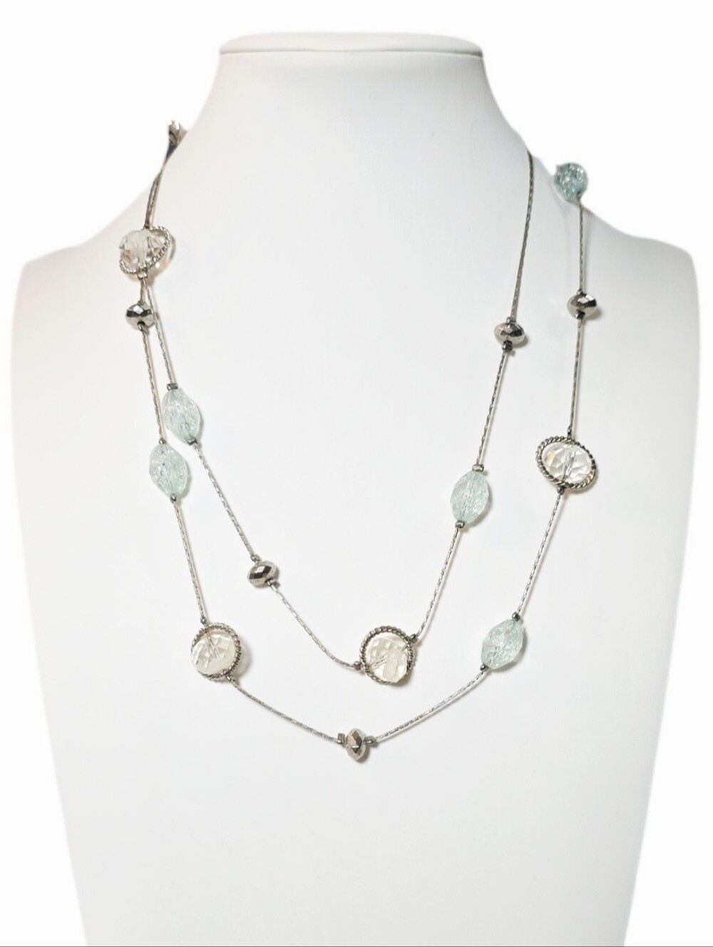 Faceted Pale Blue and Crystal Beaded Silver-Tone Long Necklace - Double It!